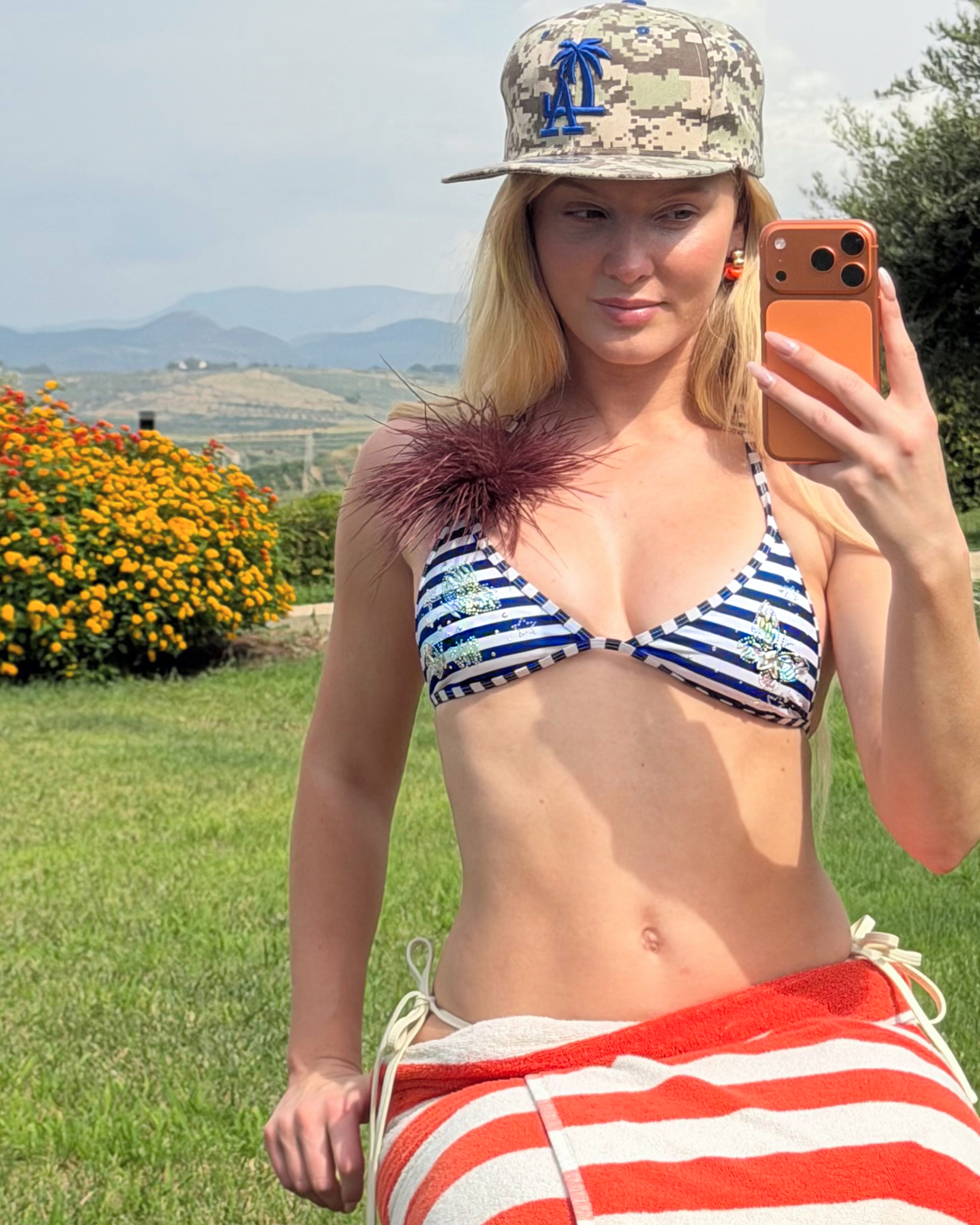 Niihai X Main Rose Butterfly Triangle Bikini Top, Blue White Stripes