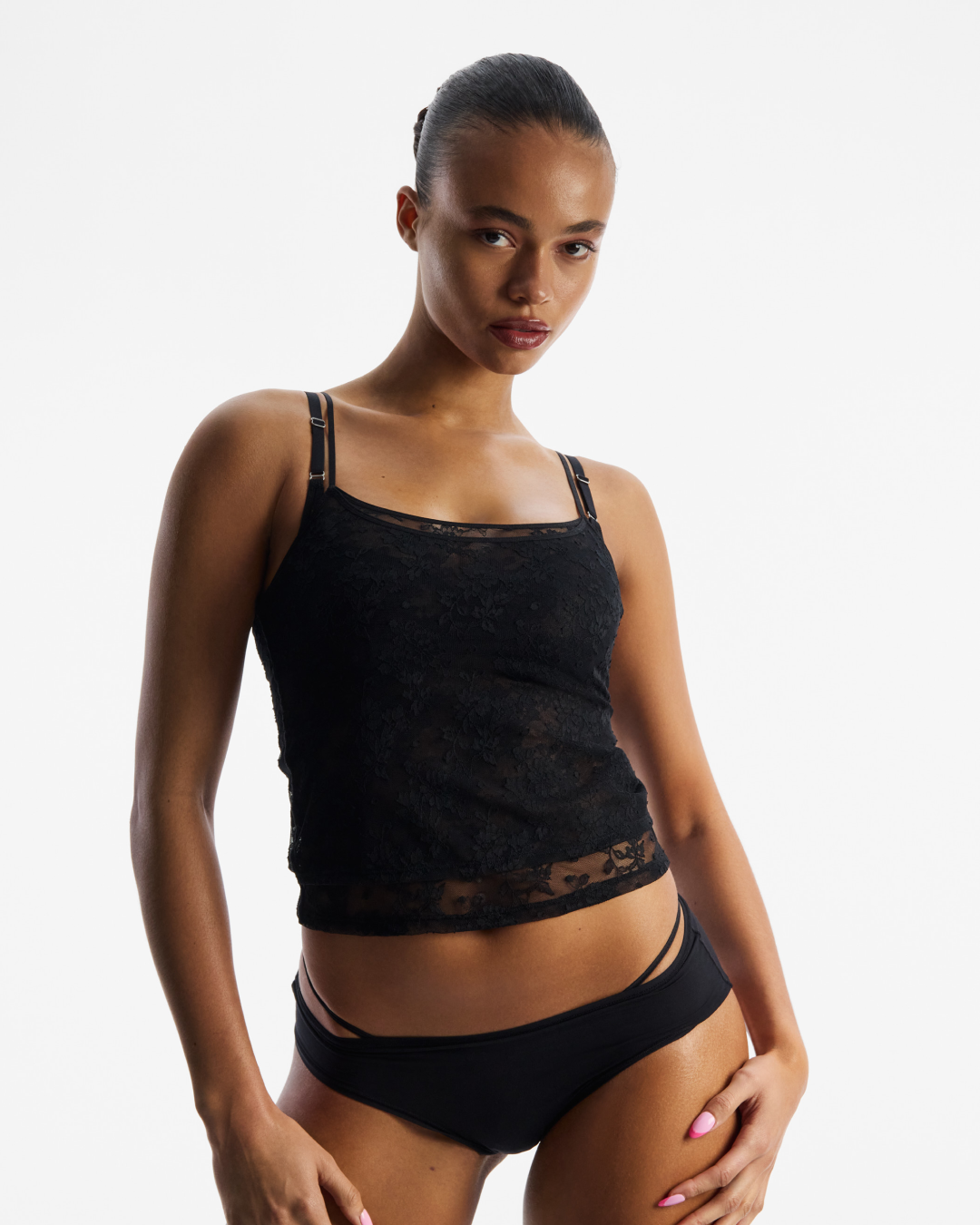 Lace Double Camisole, Black