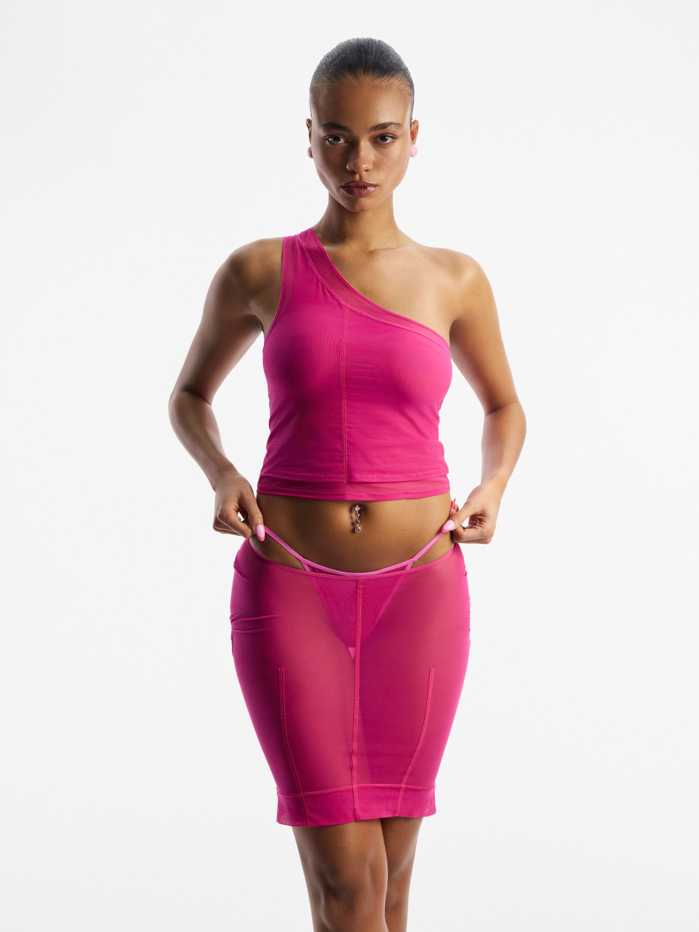 Fine Mesh Double Shoulder Top, Hot Pink