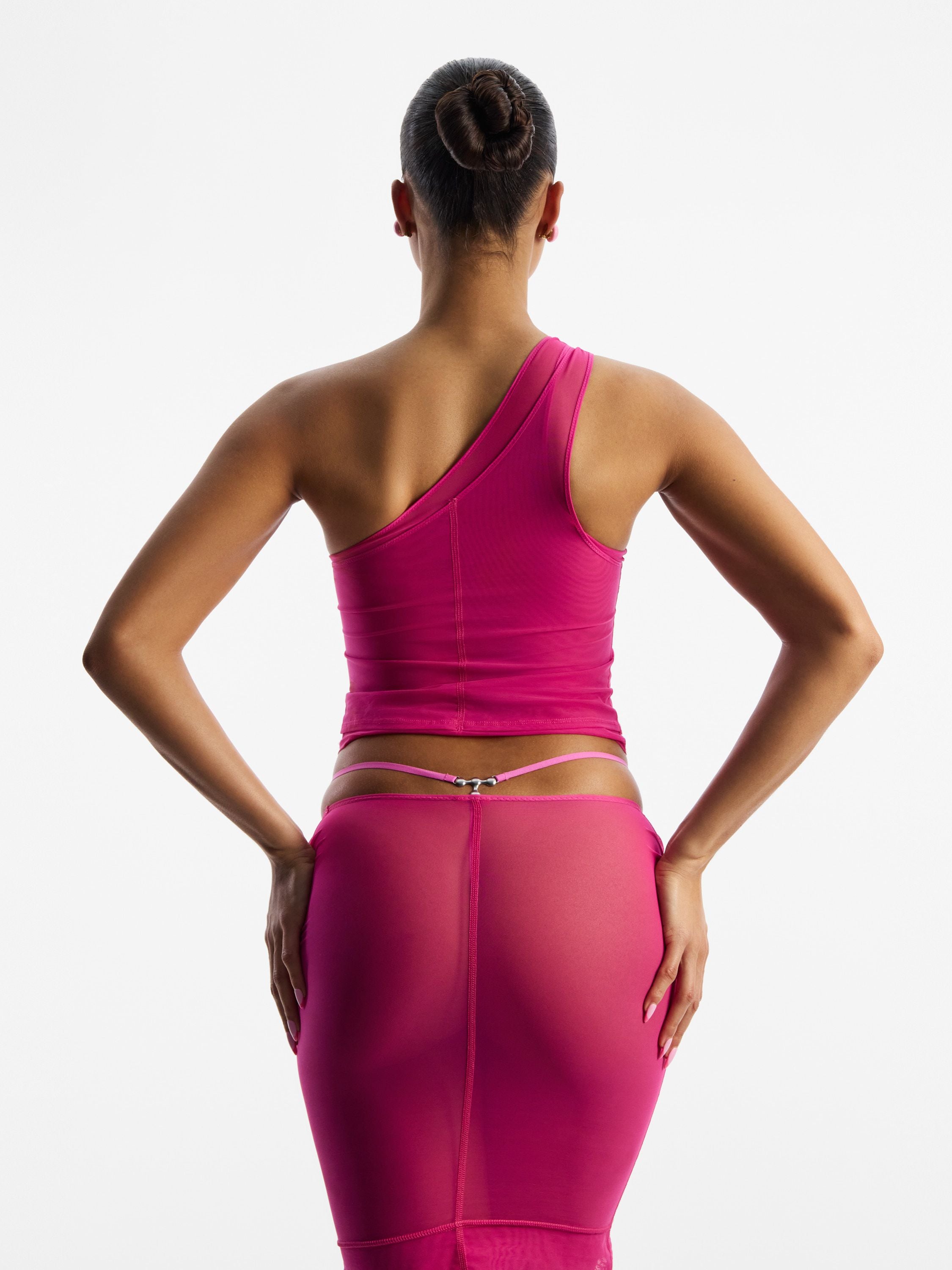 Fine Mesh Double Shoulder Top, Hot Pink