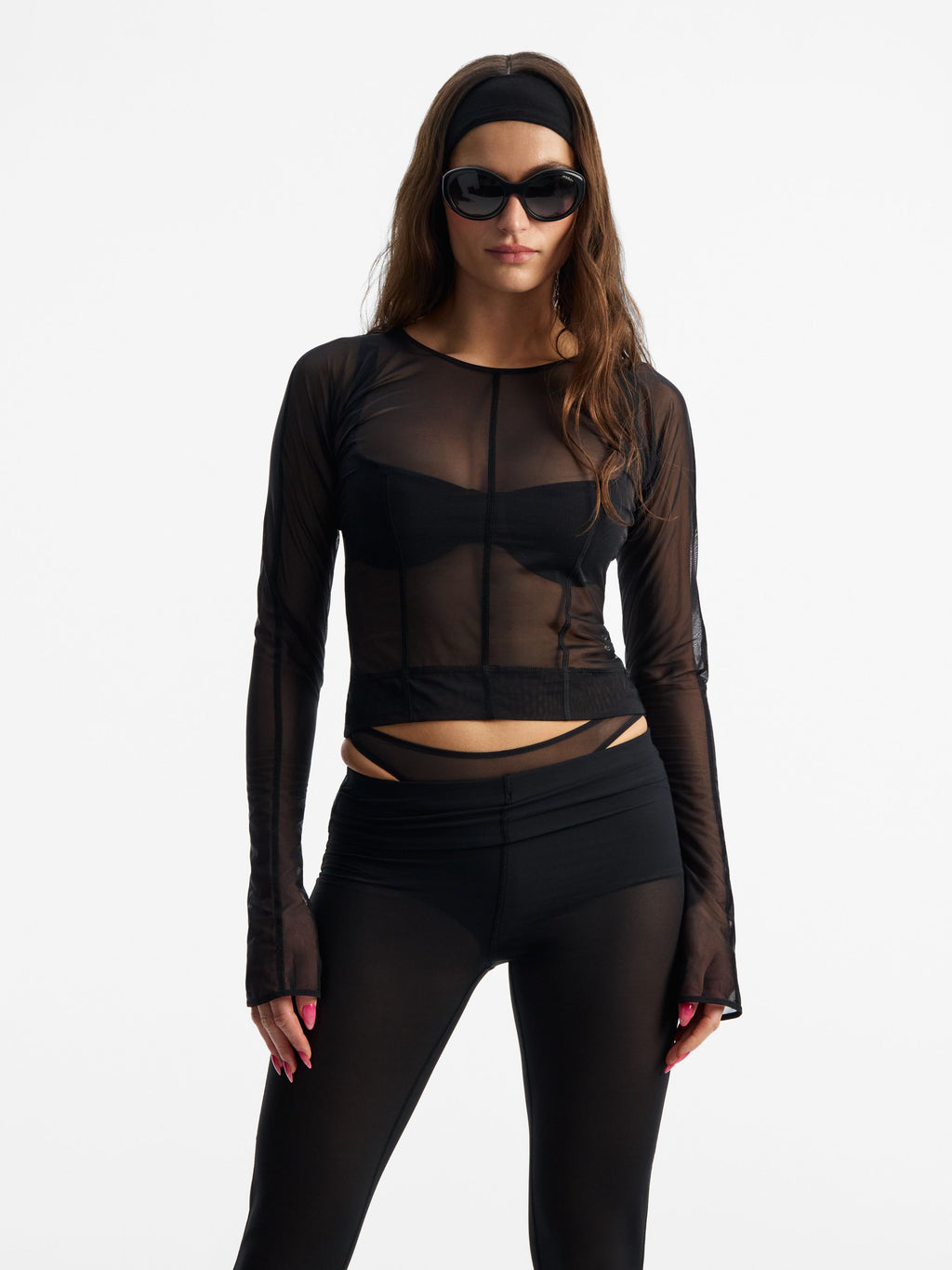 Fine Mesh Long Sleeved Top, Black
