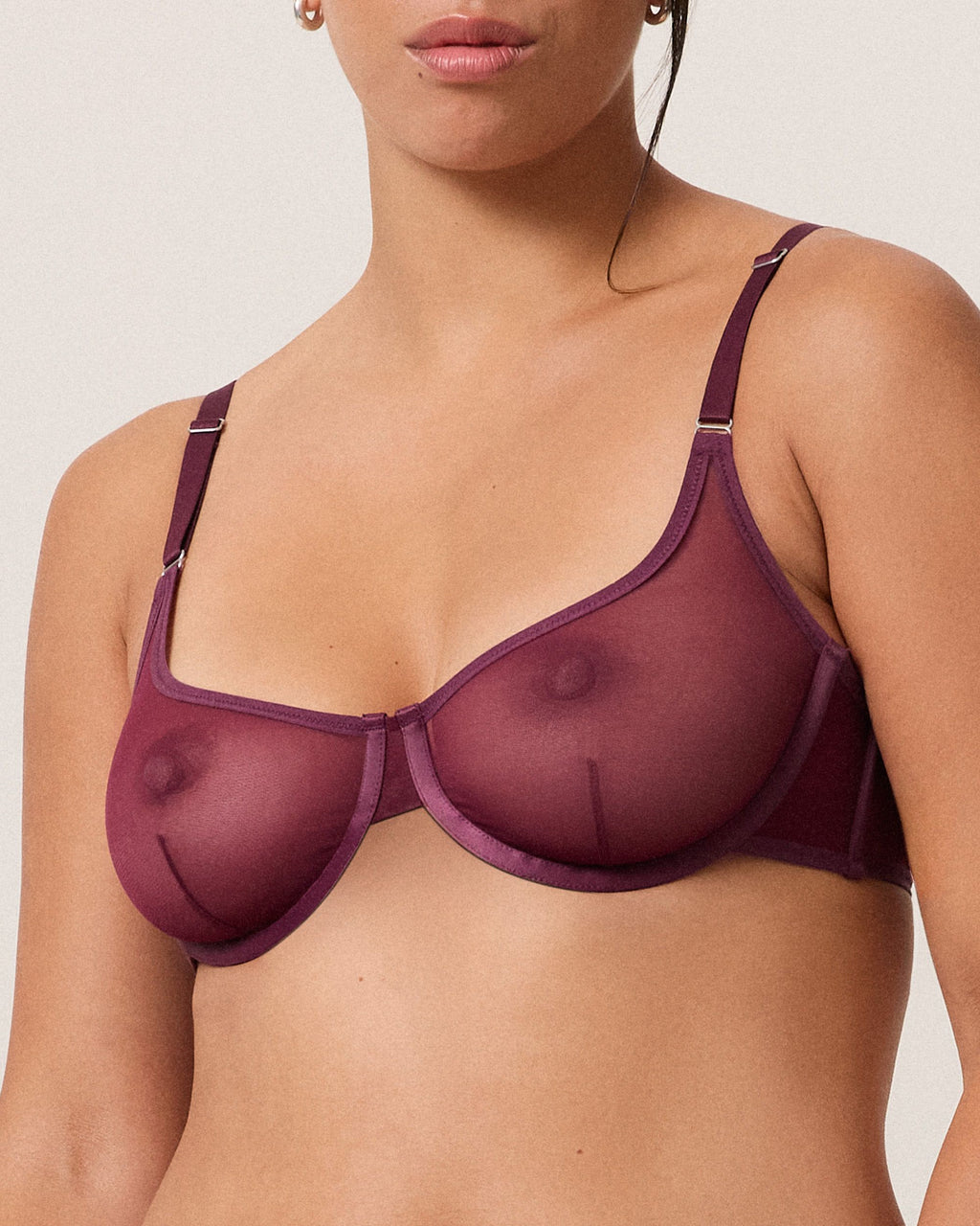 Fine Mesh Underwire Scoop Bra, Burgundy