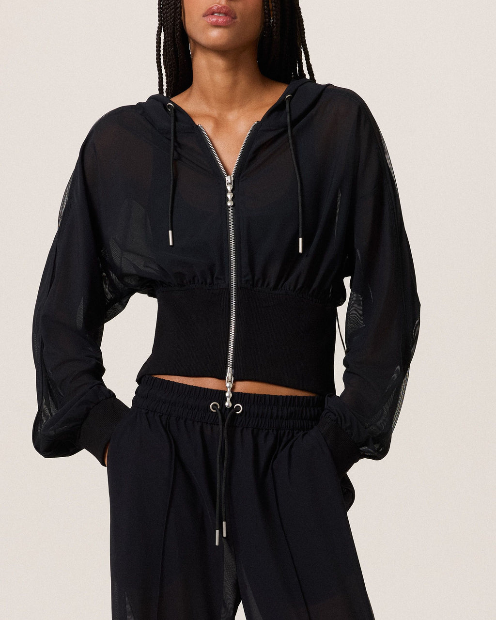 Power Mesh Zip Up Hoodie, Black